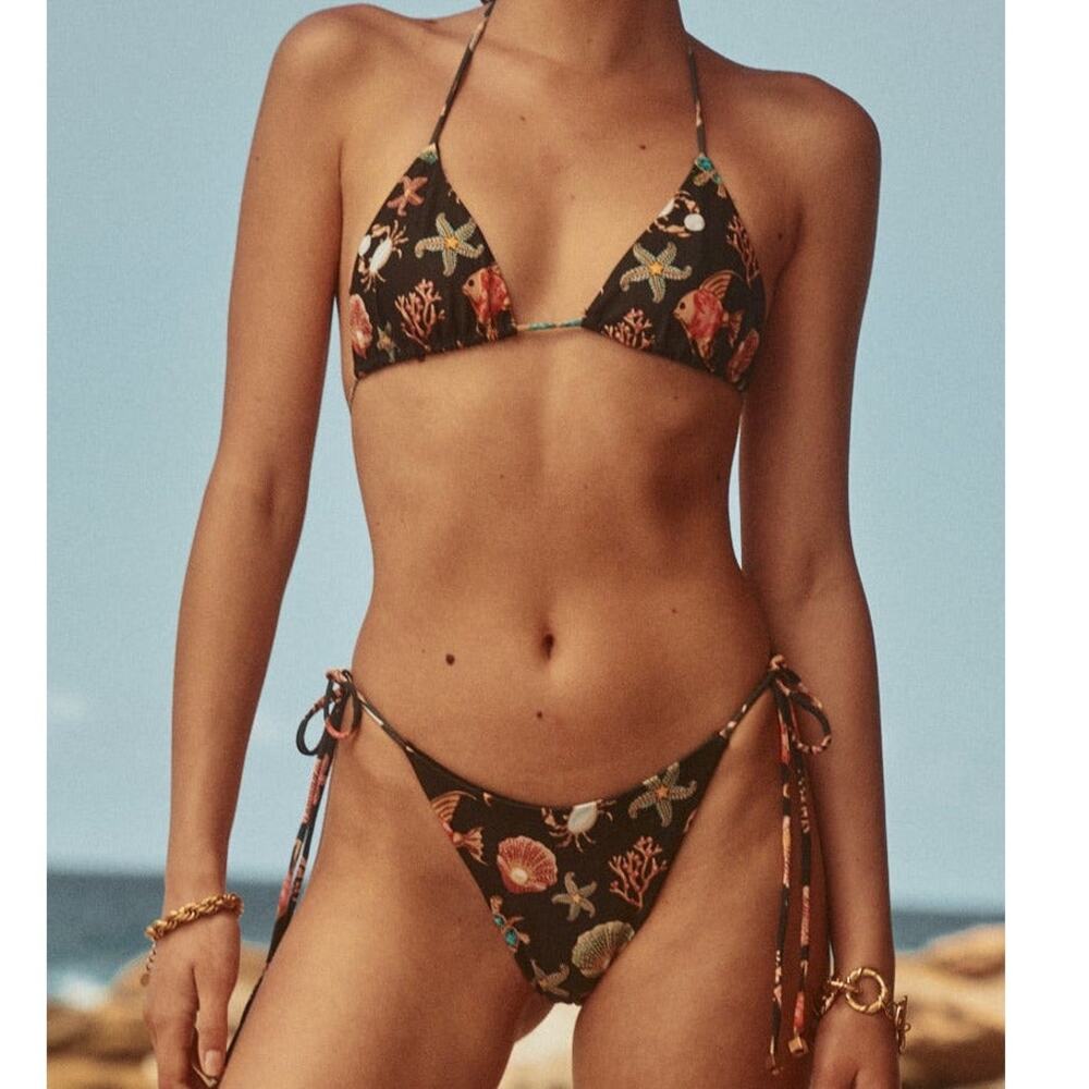 SONYA (US 2) Mosaic Triangle Bikini Set Black Seashell Print NWT Swimwear
